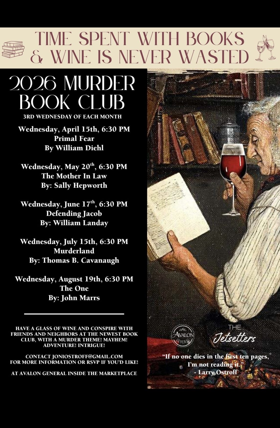 Murder Book Club Promotional flyer with schedule of upcoming books and authors.