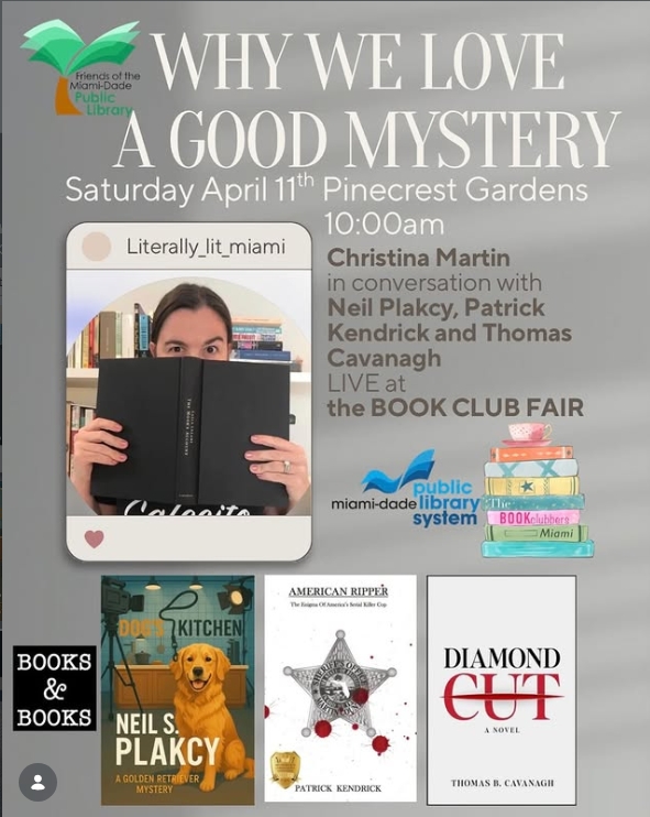 Mystery panel promotional flyer for the Book Club Fair at the Miami-Dade Library on April 11, 2026.